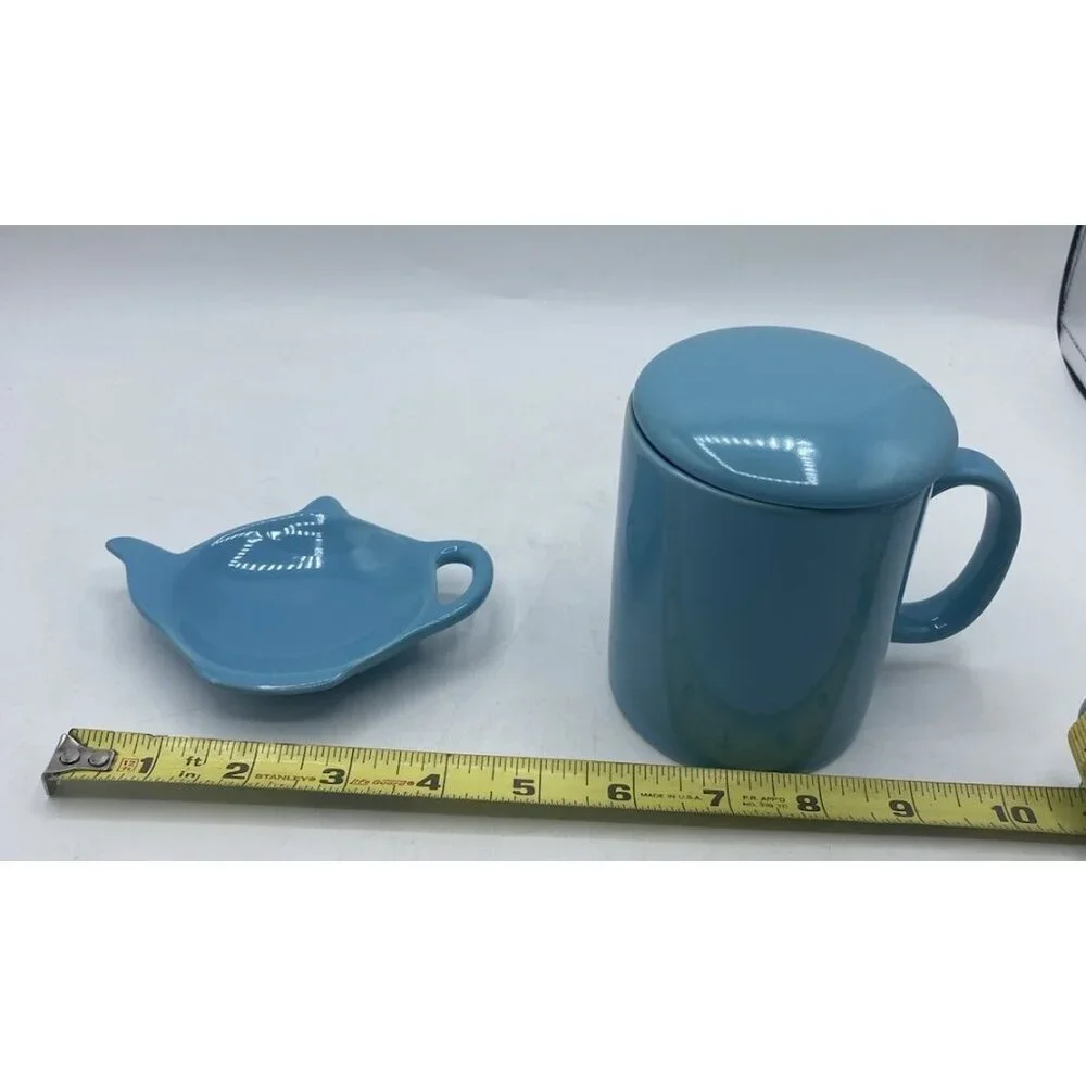 OmniWare Coffee Tea Mug With Lid Teapot Shaped Dish Blue Turquoise Minimalist